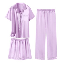 Schbbbta Silk Pajama Sets Girls Satin Sleepwear Summer 3 Pieces Button Down Nightwear, Light Purple, 9-10 Years = Tag 150