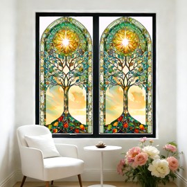Stained Glass Tree of Life Window Privacy Film 17.5×39.4 Inch – Decorative Static Cling Window Film, No Glue UV Blocking Window Cover for Home Decor(Artistic Nature Tree)