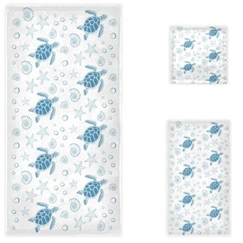 Naanle Ocean Sea Turtle Starfish Shells Soft Luxury Set of 3 Towels, 1 Bath Towel+1 Hand Towel+1 Washcloth, Multipurpose for Bathroom, Hotel, Gym, Spa and Beach(Blue White)