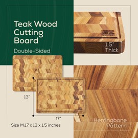 EZ FURNITURE 17 x 13 Inch Herringbone Teak Cutting Board, Wooden Cutting Boards for Kitchen, Wood Cutting Boards for Kitchen with Juice Groove and Handles, Large Cutting Board for Meat, Vegetables