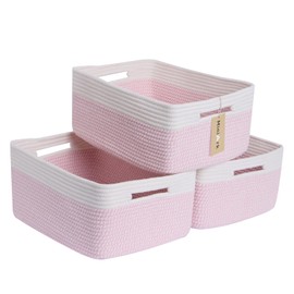 MiniArk Large Storage Baskets for Shelves, Closet Organizers and Storage Bins for Clothes Blanket Towels, Baby Nursery, Toy Baskets Box, Woven Rope Baskets, 17 x 13 x 7.5”, 3 Packs Woven Pink