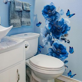 Blue Flower Wall Decals Peel and Stick Peony Floral Wall Sticker Decor Removable Peonies Bouquet Wall Murals with Butterflies for Girls Bedroom Living Room Bathroom Hallway Door Office Kids Nursery