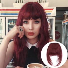 VANANGA French Clip on Bangs, Burgundy Long Wispy Bangs Hair Clip with Temple Full Fringe Curtain Bangs Hair Clip Hair Piece Thick Fake Bangs Clip in for Women(#99J/118A-Burgundy)