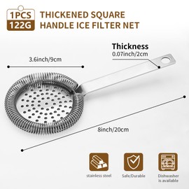 1PC Bar Cocktail Strainer Stainless Steel Fine Filtering Bar Tool Drink Strainer For Home Use, Bar Strainer for Drinks, Bar Tool for Bartender (Silver, 200mm)