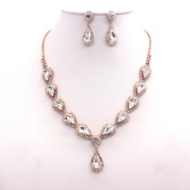 Weddingtopia Crystal Rose Gold Wedding Tiara And Matching Rhinestone Wedding Necklace Set Rhinestone Bridal Tiara Crown with side combs Wedding Hairband Comb Pin (ROSE GOLD CLEAR)