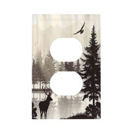 Misty Forest Deer Mountain Tree Black Woodland Lake Nature 1 Gang Duplex Outlet Covers Decorative Light Switch Cover Single Wall Plate Electrical Receptacle Faceplate for Bathroom Kitchen Bedroom