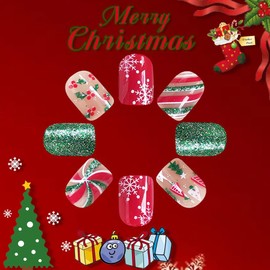 TENPAL Christmas Press on Nails Short Square Acrylic Green Glitter Pink Fake Nails with Designs Snowflake Christmas Tree Striped Full Cover New Year False Nails Gifts for Women and Girls Glossy Nails