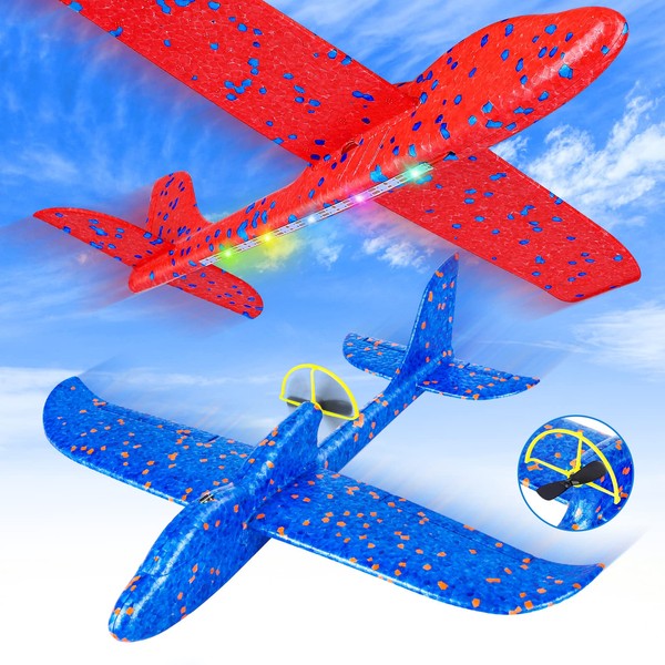 Fuwidvia Electric Foam Airplane Toy, 2 Pack LED 15/25s Plane Toy for Boys, Outdoor Flying Toys Birthday Gifts for Boys Girls 3 4 5 6 7 8 9 10 11 12 Year Old Kids