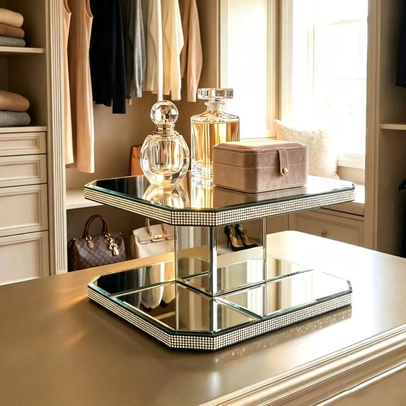 GIMORRTO Mirrored Display Riser with Rhinestone Trim, Two-Tier Square Stand,