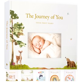 Personalized Baby Memory Book with Photo Cover, 5-Year Milestone Journal, Gender Neutral Keepsake Album, Flat-Lay Pages, FSC Archival Paper, Keepsake Box and Envelope, 108 Pages, Woodland Scrapbook