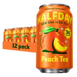 HALFDAY Prebiotic Peach Iced Tea Cans, Supports Digestive & Gut Health, 6g Plant Fiber & Prebiotics, 3g of Sugar, 35 Calories, Real Brewed Tea, Natural Caffeine, Gluten Free, Keto, 12 fl oz (12 pack)