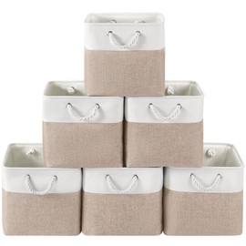 VQRTEXA 13 x 13 Inch Cube Storage Bins, 6 Pack Fabric Storage Basket with Handles, Foldable Boxes Organizer for Shelf Baskets for Home, Clothes, Toys (White/Khaki)