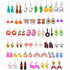 35 Pairs Cute Earrings Fun Kawaii Weird Cool Unique Funny Indie Earrings Including Mushroom Bear Flower Bottle Food Goldfish Flowers Earrings Aesthetic Drop Dangle Earrings for Women Jewelry Set
