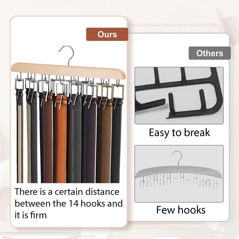 2 Pcs Natural Wooden Belt Hanger with 14 Rotatable Hooks