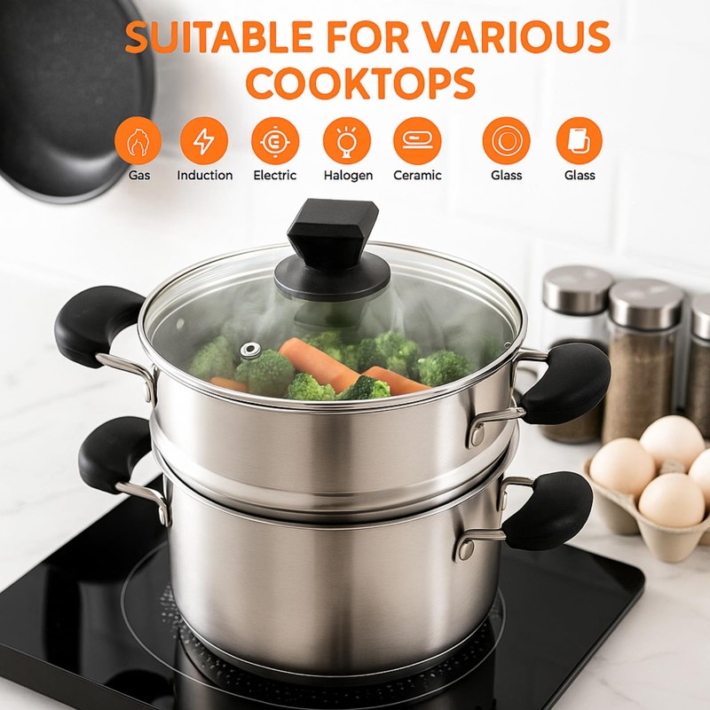 ZENFUN 1.8 Quart Stainless Steel Steamer Pot with Basket, Stock