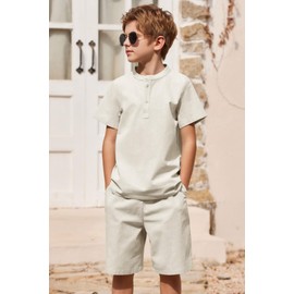 Arshiner Boy's 2 Pieces Cotton Linen Set Casual Henley Shirts Short Sleeve Beach Shorts Summer Outfits for 5-12 Years Kids