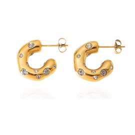 QueenBee Silver and 14K Gold-Plated Zirconia Studded C Shaped Hoop Earrings for Women, Puffy Chunky Curved Hoops, Trendy Modern Bubble Design Silver and Gold Statement Earrings, Gift for Valentine's Day, Mother's Day, Holidays, and Special Occasions (Gol