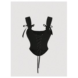 SHENHE Women's Bow Tie Lace Up Vintage Corset Bustier Backless Fitted Sleeveless Crop Tops Black Medium
