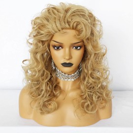 Anogol Wig Cap+ Disco Wig Women Long Curly Blonde Synthetic Wigs for 80s Wig Cosplay
