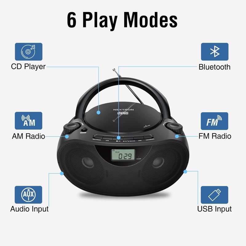 Nextron Portable CD Player Bluetooth Boombox with AM/FM Radio, USB,