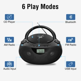 Nextron Portable CD Player Bluetooth Boombox with AM/FM Radio, USB, AUX-in, Headphone Jack, CD-R/RW & MP3-CD Compatible, Stereo Sound with Bass Boost, AC/Battery Operated – Black