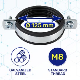2 Pieces Isophonic Metal Pipe Clamp M8 with Rubber Gasket for Pipes Ø 125 mm - Pipe Clips Made of Galvanized Steel - MONTERAL