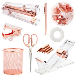 Rose Gold Desk Accessories, Office Supplies Set with Acrylic Stapler, Tape Dispenser, Staple Remover, Pen Holder, Scissor, Binder Paper Clips, 1 Ballpoint Pen, 1 Clear Tape and 1000pcs Staples