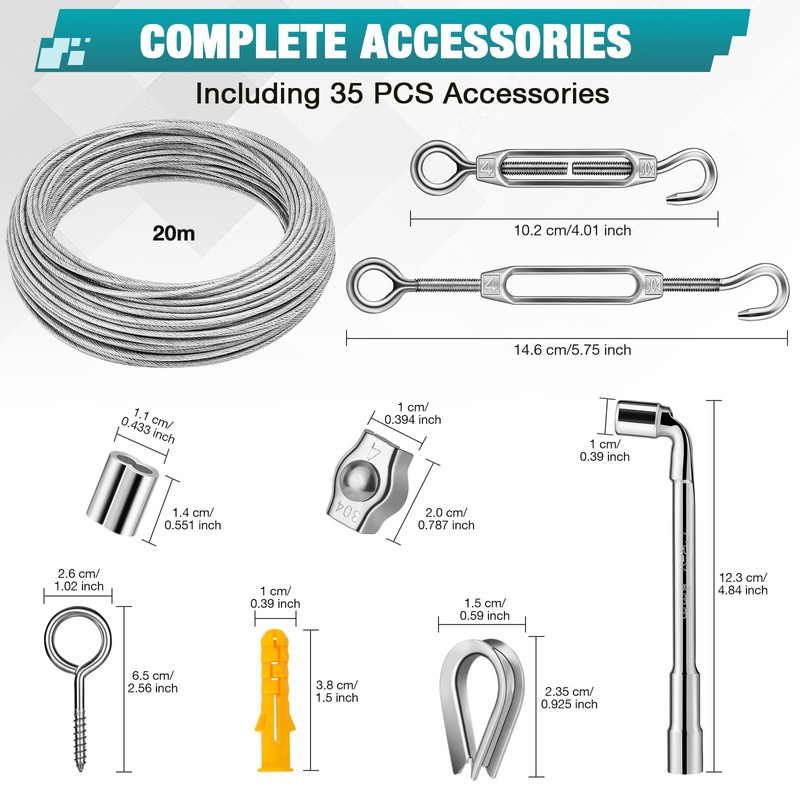 DIYLAND 3mm Drahtseil Edelstahl Set, 20m PVC-ummantelt Spanndraht Set mit