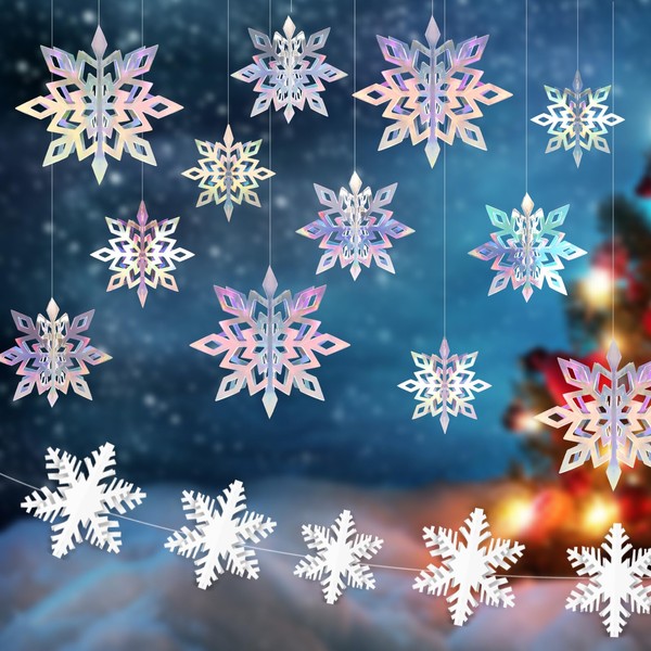 24 Pcs Winter Christmas Hanging Snowflake Decorations, 12PCS Hanging 3D