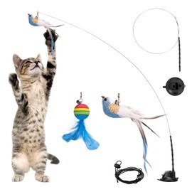 wishkit 5pcs Juguetes para Gatos Interactivos, 2 Juguetes con Campanas, 1 Varas Teaser de Gato, 1 Taza Super Succión Extraíble Sola Cabeza, 1 Cordón Pegajoso. Perfecto para entretener a tu Mascota