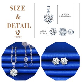 CPSLOVE Necklace and Earrings for womens and girls, 925 silver jewelry set, Elegant 6 Claw setting zircon necklace pendant, with 45cm chain, 6 Claw zircon earrings studs, Inlaid shiny zircon, silver