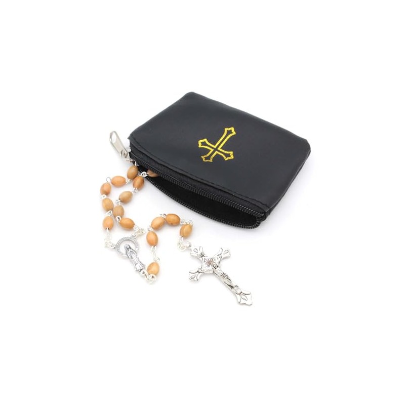 Black Rosary Pouch with Zipper and Gold Cross Imprint -