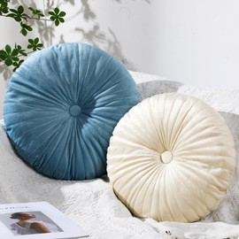 Namalu Round Throw Pillow 13.8 Inch Decorative Round Velvet Floor Pillows Small Pumpkin Throw Cushion for Living Room Sofa Bed(Beige, Blue,2 Pcs)