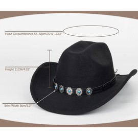 Classic Felt-Western-Cowboy-Cowgirl-Hats for Women-Men Fedora-Jazz-Hat with Band(Lagre), Black With Turquoise, Large