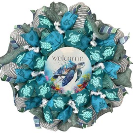 Welcome Sea Turtle Handmade Deco Mesh Beach Wreath Available in 24 inch and 28 inch diameters