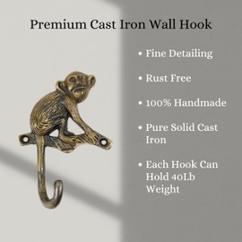 AYZCORP Set of 3 Cast Iron Monkey Shape Coat Hooks Wall Art Decor-Monkey Shape Hangers and Key Holder-Clothes Rack and Backpack Hanger-Coat Hooks Home Decor for Storage,Living Room (Antique Finish)