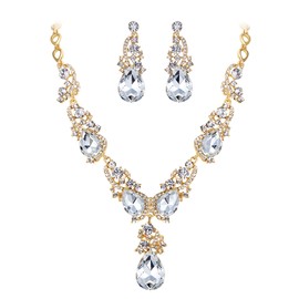 BriLove Wedding Bridal Necklace Earrings Jewellery Set for Women Multi Teardrop Cluster Rhinestone Crystal Statement Dangle Clear Gold-Tone