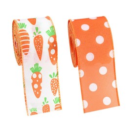 2 Rolls 2.5 Inch x 5 Yards Wide Easter Fabric Ribbon Carrot Dot Ribbon Wired Farm Spring Theme Party Ribbons Easter Decorative Fabric Ribbon for Wreath Gift Wrapping