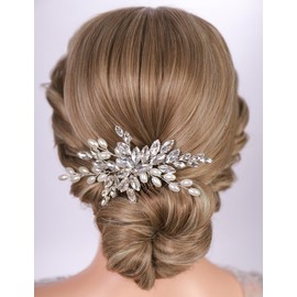 Teyglen Bride Crystal Wedding Hair Comb Pearl Bridal Headpiece Sparkly Silver Rhinestone Pearl Hair Side Comb Handmade Crystal Hair Piece Hair Accessories for Women (Silver)