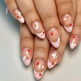 Heart Press on Nails Medium Almond Fake Nails French Tip Pink False Nails Glue on Nails with Red Love White Dot Stick on Nails Glossy Nude Full Cover Acrylic Nails for Women Valentine's Manicure