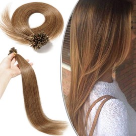 Elailite U-Tip Real Hair Bonding Extensions, Keratin Hair Extensions, Straight, 100 Strands, 50 g, 14 Inches / 35 cm, #6 Light Brown