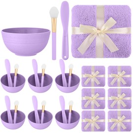 SmoothNovelty 24 Pcs Spa Party Supply for Women Spa Party Favor 6 Plastic Mask Bowl 6 Mask Brush 6 Stick Spatula 6 Towel Party Decoration(Purple)
