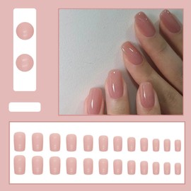 French Tip False Nails - 24pcs Square Nude Pink Press On Nails Short In 12 Sizes - Stick on nails with Glue - Glossy Full Cover Glue on Nail for Women Girls Valentines Day Gift