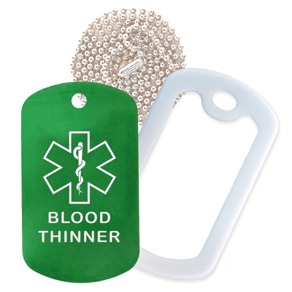 Blood Thinner Medical Alert ID Necklace with Green Tag, White Silencer, and 30'' USA Chain - 154 Color Choices
