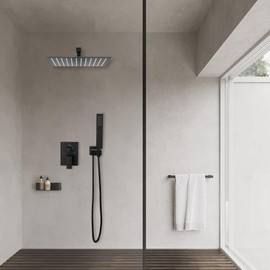 Black Shower Faucet GGStudy Shower Trim Kit with Rough-in Valve Shower Set Bath Rainfall Shower Faucet System 12inch Square Stainless Steel Metal Shower Heads with Handheld Spray