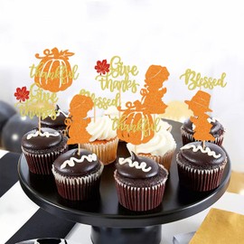 Keaziu - Paquete de 25 adornos para magdalenas de Acción de Gracias para decoración de pasteles de Acción de Gracias, fiesta de cumpleaños, suministros de cena agradecida