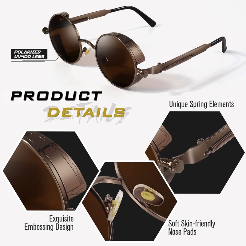 GQUEEN Retro Round Steampunk Polarised Sunglasses Men Women UV400, MTS2,