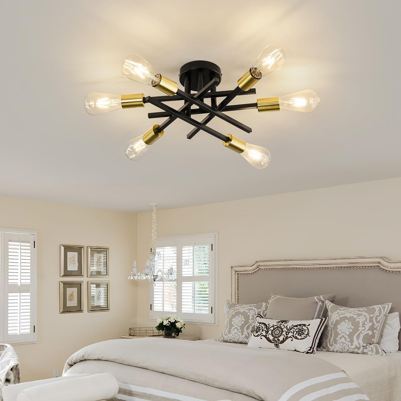 6-Lights Sputnik Semi Flush Mount Ceiling Light Fixture Modern Metal
