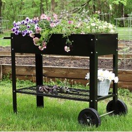 Sunnydaze Raised Garden Bed with Handlebar and Wheels - Galvanized Steel - Outdoor Mobile Elevated Planter Box Cart - 43-Inch - Grow Vegetables and Plants on The Patio, Deck, or Yard - Black