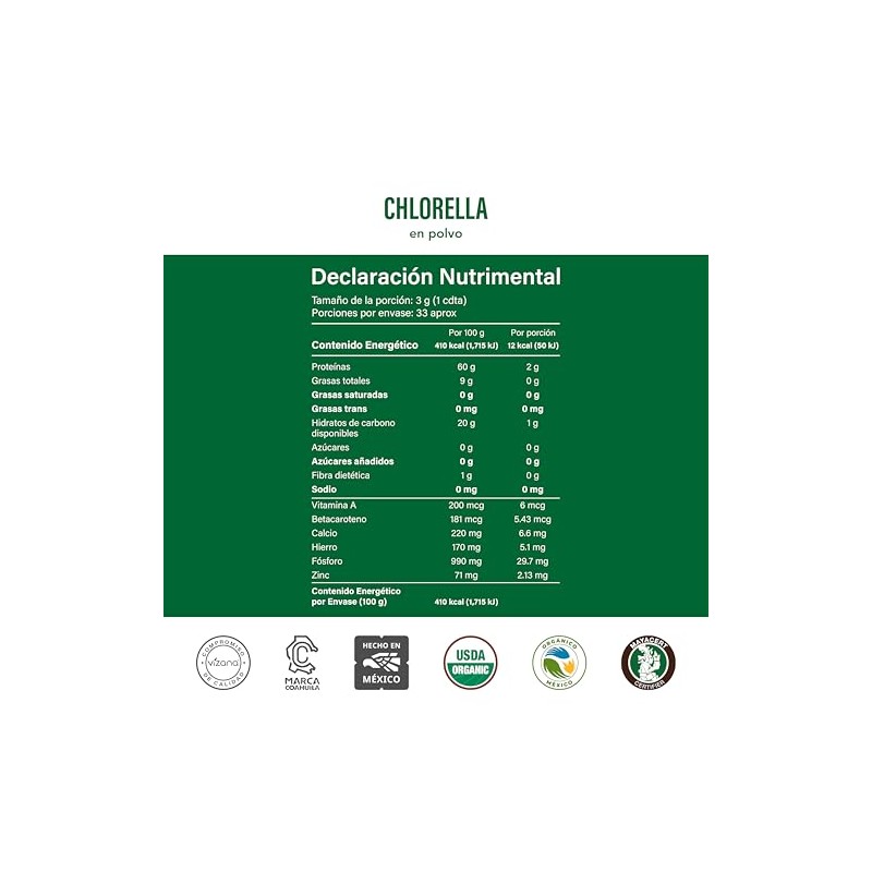 VIZANA NUTRITION | Chlorella Orgánica Certificada USDA en Polvo 100g,